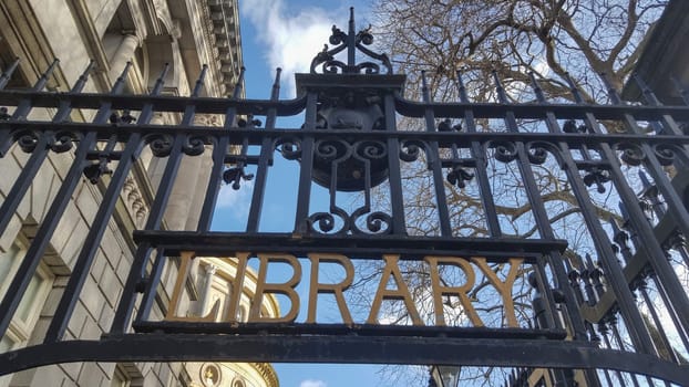 Dublin, Ireland - Feb 9th, 2020: Wrought-iron door top detail of National Library of Ireland, Dublin