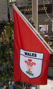 Dublin, Ireland - Feb 7th, 2020: Wales Rugby flag displayed during Six Nations macht at Powerscourt Shopping Centre. Dublin, Ireland