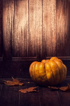 Halloween pumpkin and maple leaves