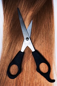 Long healthy blond hair and professional scissors