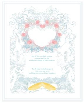 stylish wedding invitation card with vintage ornament heart-shaped frame and gold wedding rings