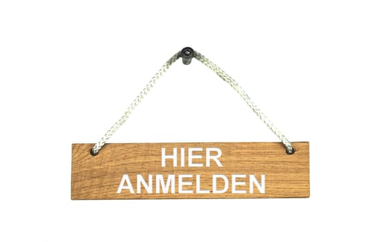 Isolated wooden board with rope: Register here in german language