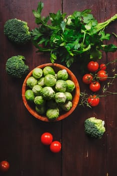 Fresh colorful vegetable on wooden table. Retro style.