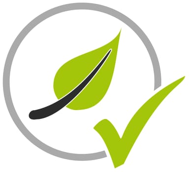 Grey circle icon with green tick showing Leaf or Vegan Product