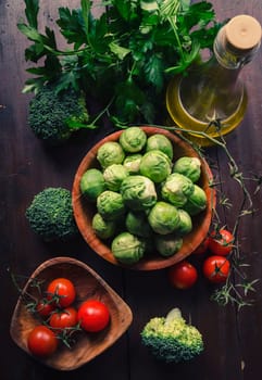 Fresh colorful vegetable on wooden table. Top view.