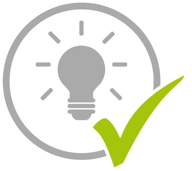Grey circle icon with green tick showing Lightbulb or creativity