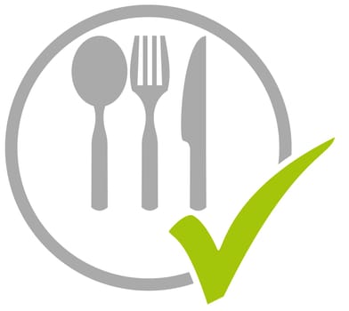 Grey circle icon with green tick showing Cutlery, Food, Kitchen or Restaurant