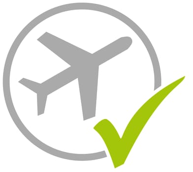 Grey circle icon with green tick showing Airplane or Airport