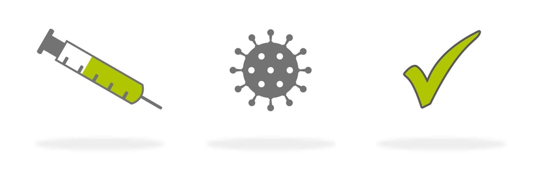 Covid-19 vaccination. Banner with syringe and Coronavirus icon and green tick