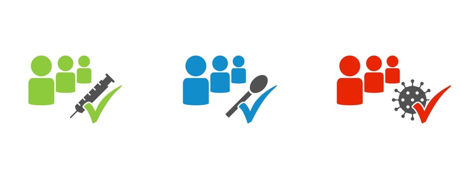 Covid-19 Banner with icons green blue red: Vaccinated, Tested or Recovered