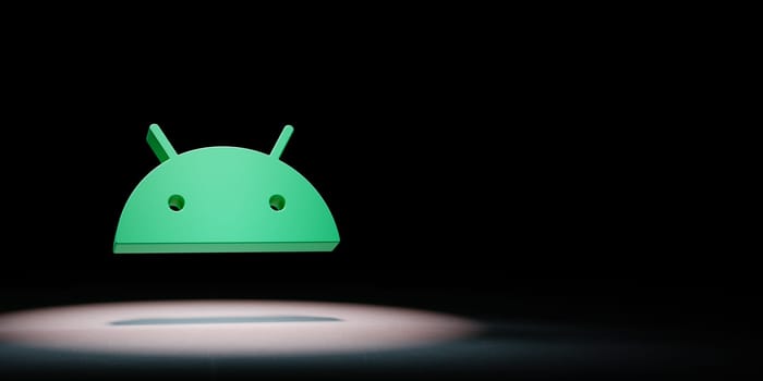 Android Logo 3D Symbol Shape Spotlighted on Black Background with Copy Space 3D Illustration
