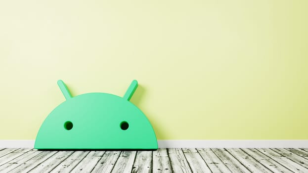 Android Logo 3D Symbol Shape on Wooden Floor Against Yellow Wall with Copy Space 3D Render Illustration