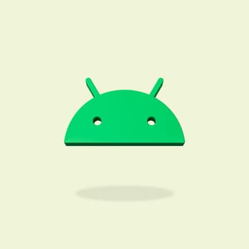 Android OS Logo 3D Shape Isolated on Flat Yellow Background with Shadow 3D Illustration
