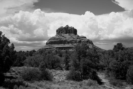 Rock country mountains surrounding Sedona Arizona in monochrome