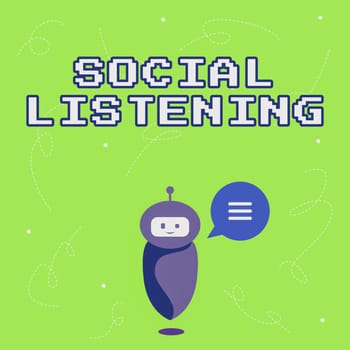 Inspiration showing sign Social Listening. Business concept analyzing the conversations and trends of your product Cute Floating Robot Telling Us New Wonderful Information In A Chat Cloud.