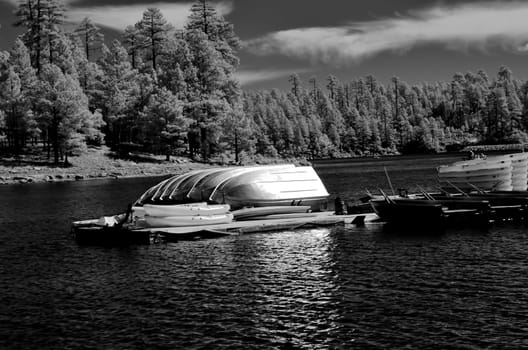 Aluminum fishing boats stacked beside each other for winter storage
