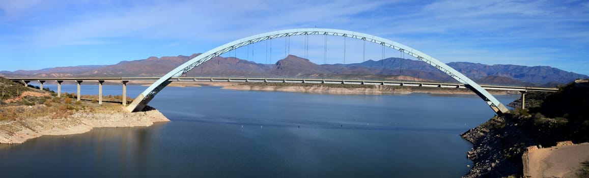Panorama of of Roosevelt Bridge and Roosevelt lake in southeast Arizona.