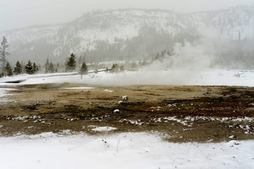 Geothermal pool in winter Yellowstone National Park