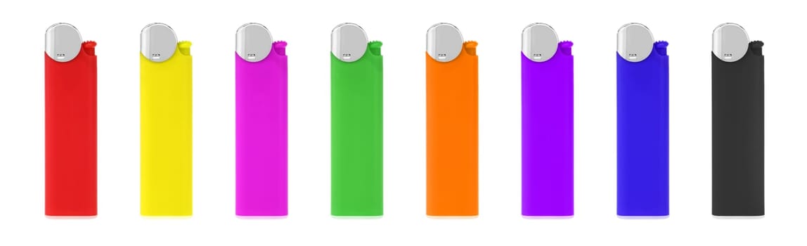 A Range of Colored Cigarette Lighters on white with clipping path Red Black Green Orange Pink Purple Red Yellow