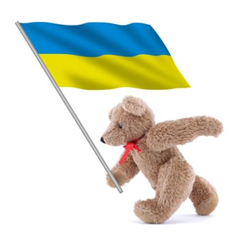 A Ukraine flag being carried by a cute teddy bear