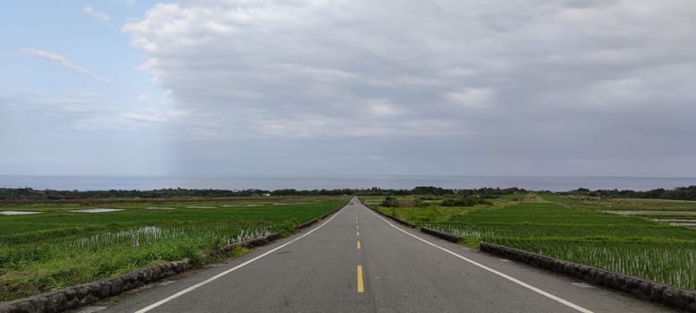The Aerial view of beautiful terraced rice field and road .Taitung ,Taiwan.