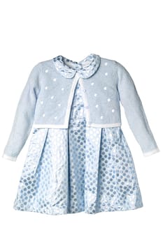 Party dress isolated. Closeup of a beautiful silver gold sleeveless baby girl dress with vest isolated on a white background. Clipping path. Kids summer clothes.