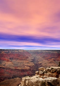 Late afternoon in the Grand Canyon Arizona with blue and pink sky