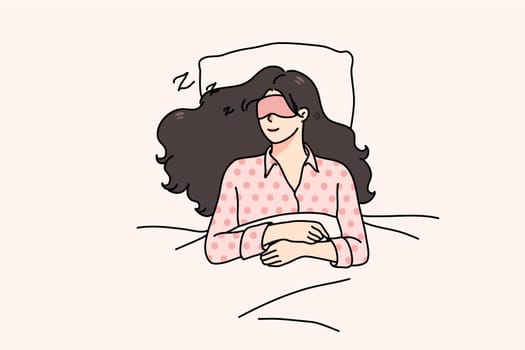Calm young woman with eye mask lying relaxing in soft bed sleeping or taking nap. Relaxed millennial girl asleep in bedroom, see dreams at night. Relaxation and fatigue. Vector illustration.