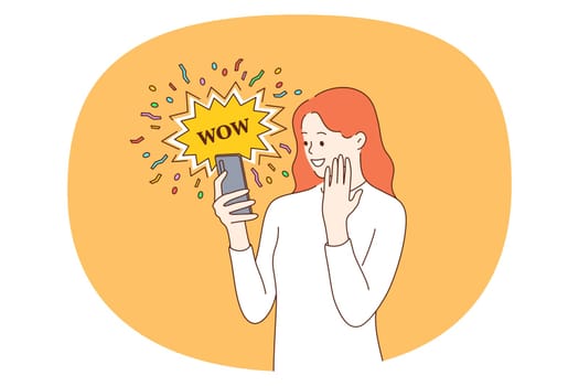 Surprise and online communication concept. Smiling positive surprised girl standing looking at smartphone screen with wow lettering vector illustration