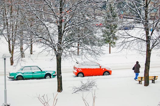Street covered with snow  in winter