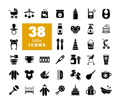 Baby, feeding and care glyph icons set. Graph symbol for children and newborn babies web site and apps design, logo, app, UI
