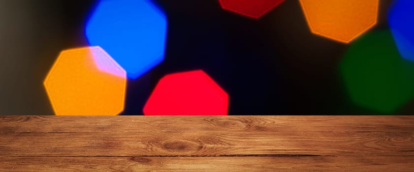 The background is an empty wooden board and a wall of blurred bokeh lights. For product demonstrations, free space, layout, mockup, perspective board, background board.
