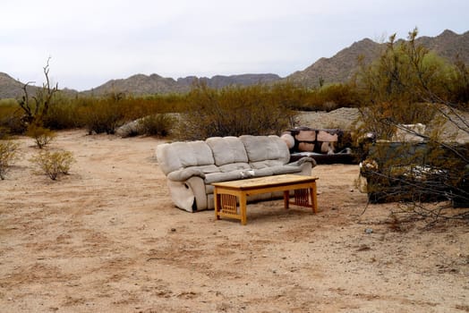 Illegal Abandoned furniture in the Sonora desert Arizona