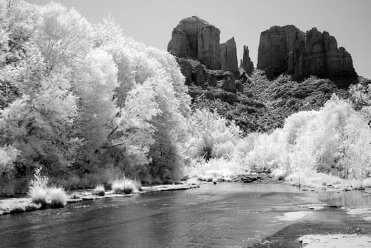 Infrared Black and white country mountains of cathedral rock and oak creek surrounding Sedona Arizona