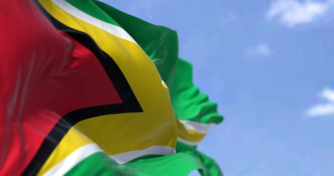 Detail of the national flag of Guyana waving in the wind on a clear day. Guyana is a country on the northern mainland of South America and the capital city is Georgetown. Selective focus.