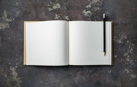 Blank open book and pencil on concrete background. Responsive design template. Flat lay.