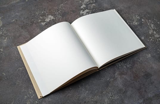 Blank open booklet on concrete background. Responsive design mockup.
