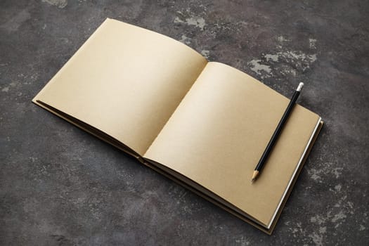 Photo of blank kraft paper brochure and pencil on concrete background. Responsive design mockup.