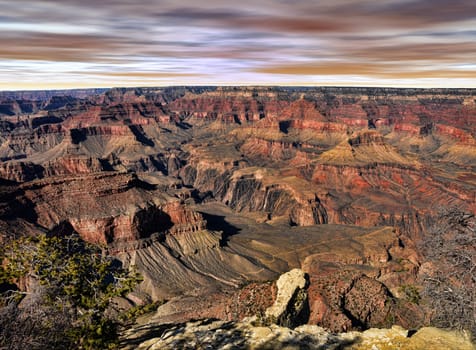 Late afternoon in the Grand Canyon Arizona with blue orange skies