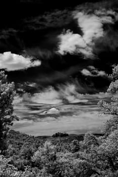 Infrared Black and white country mountains surrounding Sedona Arizona
