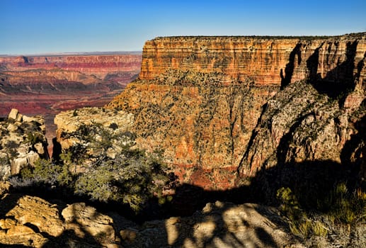 Late afternoon in the Grand Canyon Arizona and blue skies