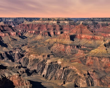Late afternoon in the Grand Canyon Arizona USA with peach skies