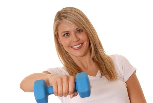 Lovely blond girl working out with weights
