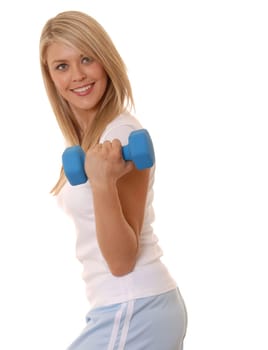Lovely blond girl working out with weights