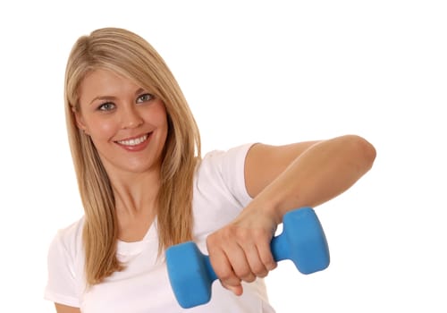 Lovely blond girl working out with weights