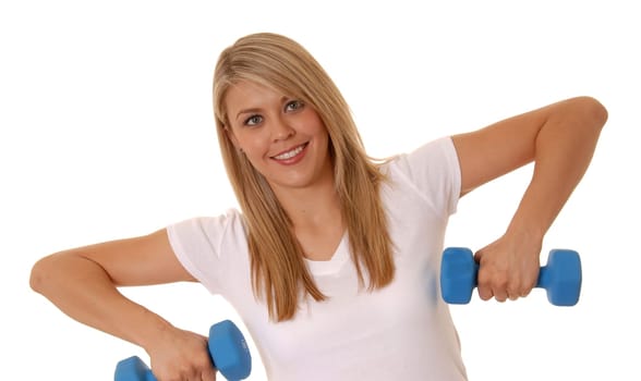 Lovely blond girl working out with weights