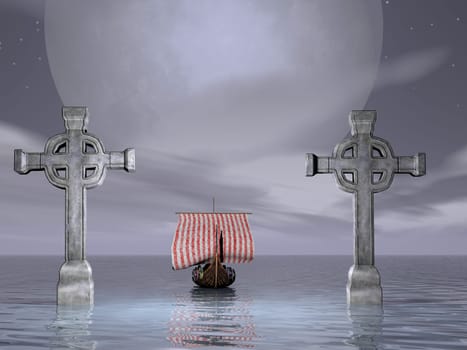 Viking ship sailing between to giant crosses