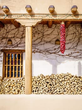 Traditional dried red chili ristra at a house in Santa Fe, New Mexico