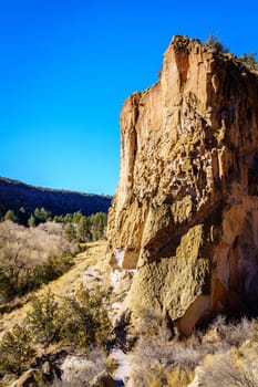A view of the main cliff and Frijoles Canyon in Bandelier National Monument in New Mexico