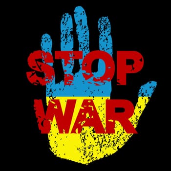 STOP WAR concept with human hand in Ukraine flag's colors